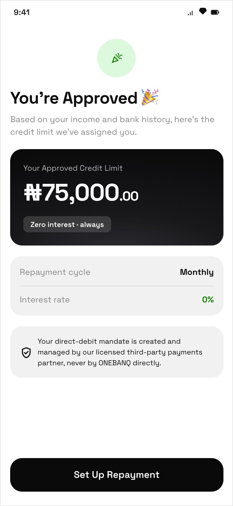 ONEBANQ credit approved screen