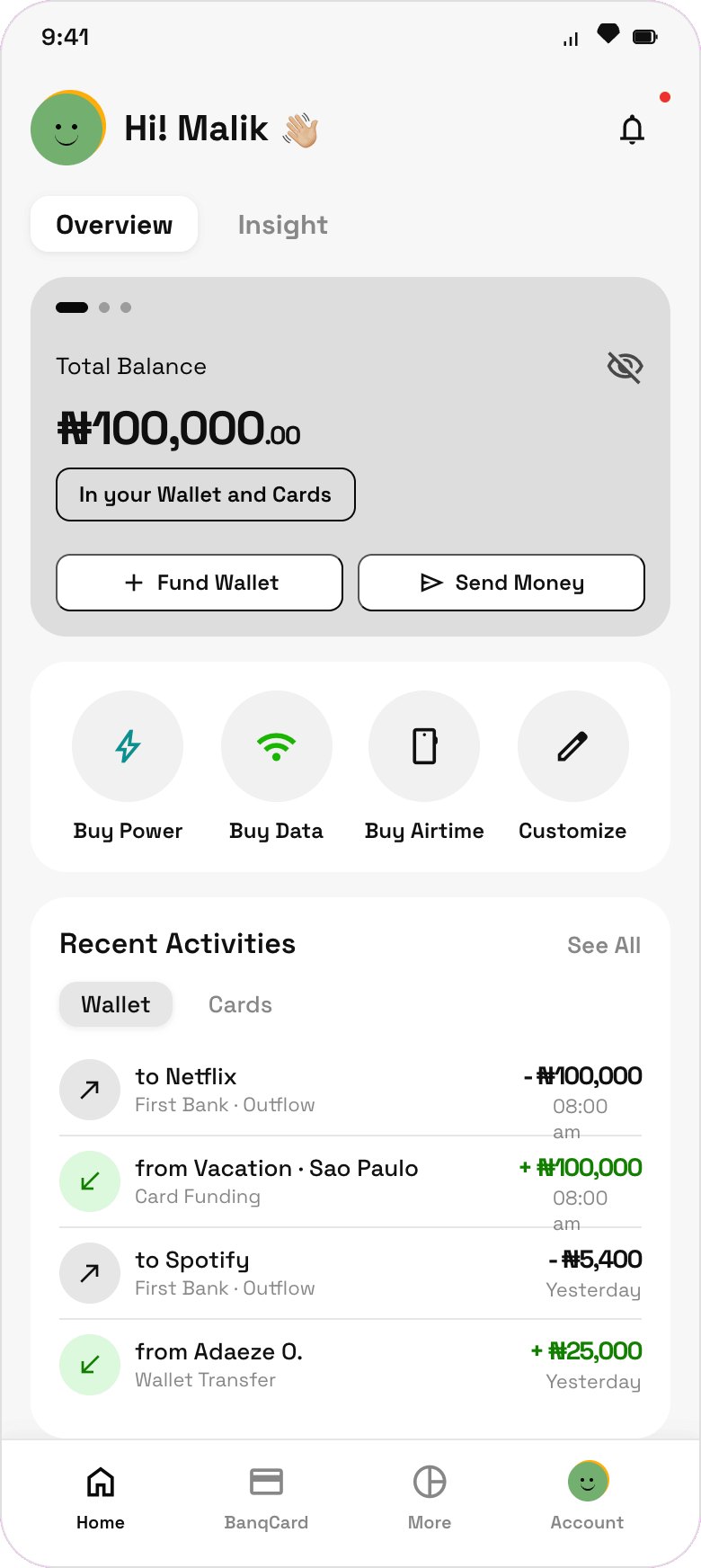 ONEBANQ home screen